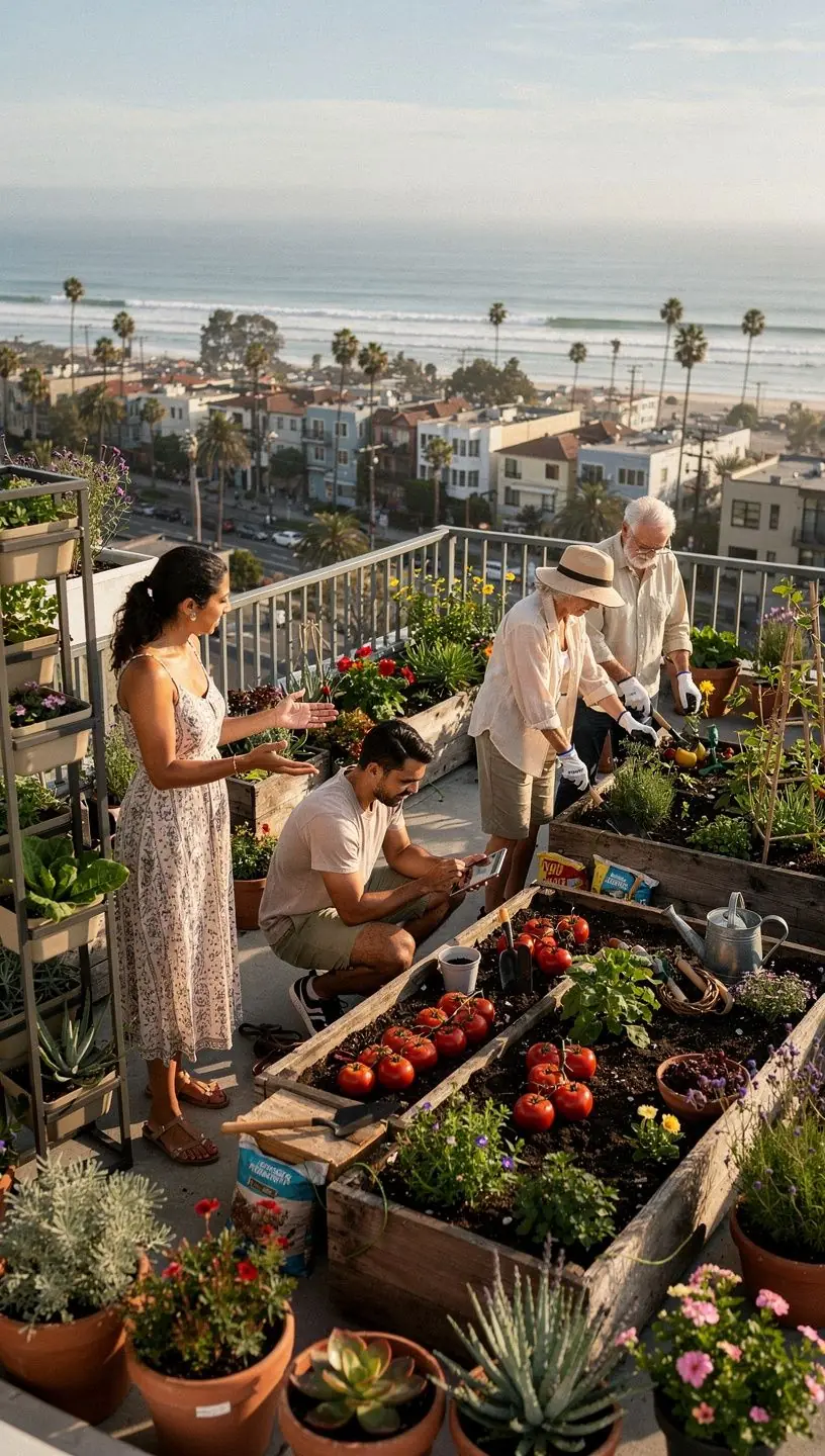 An aerial view of a green rooftop garden promoting sustainability in a dense residential area.