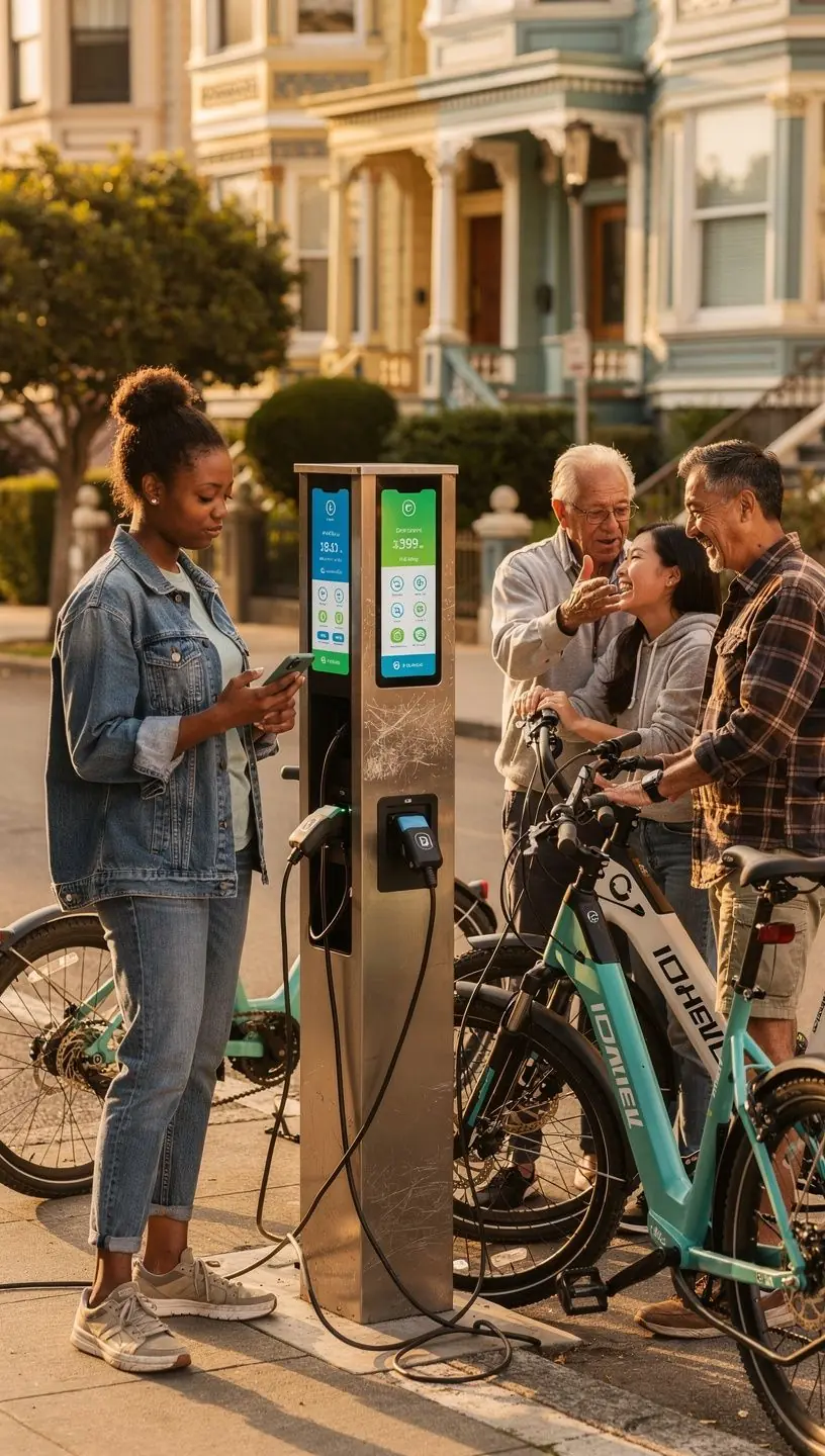 Electric vehicle charging stations integrated into a residential parking lot to support eco-friendly transport.