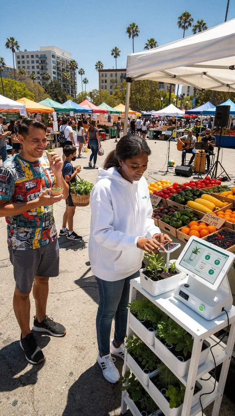Residents using a mobile app to access real-time public transit updates in an urban neighborhood.